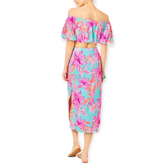 LILLY PULITZER Esmeray Set Surf Blue Bonita Blooms Skirt Puff Sleeve Crop Top - Picture 4 of 13